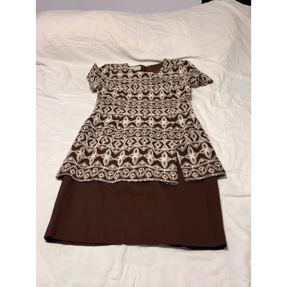 Vintage Yves Cossette Depeche Mode Brown Embroidered Layered Sheath Dress 12